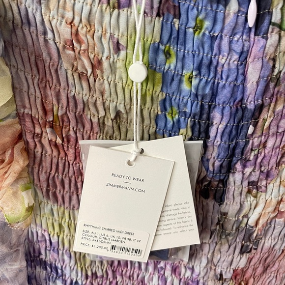 ZIMMERMANN Rhythmic Shirred Midi Dress size AU 1/US 6 - Picture 7 of 7